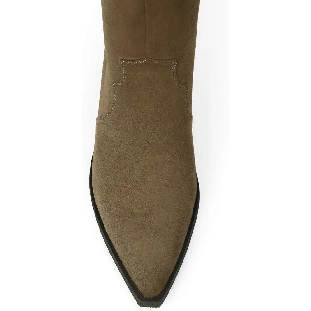 Women's Camel Knee High Faux Suede Western with 2 IN Chunky Heel Pointed